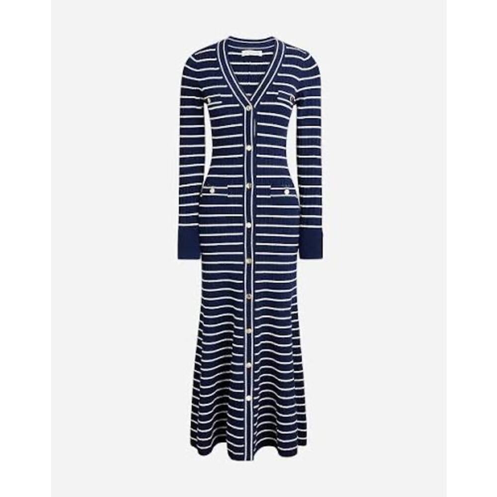 J.Crew Button Up Sweater Dress Stripe Navy Cream Size L NWT Nautical Stretch